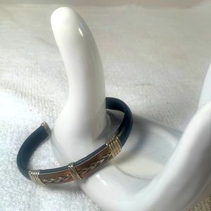 Unisex Black Leather Copper and Silver Cuff Bracelet